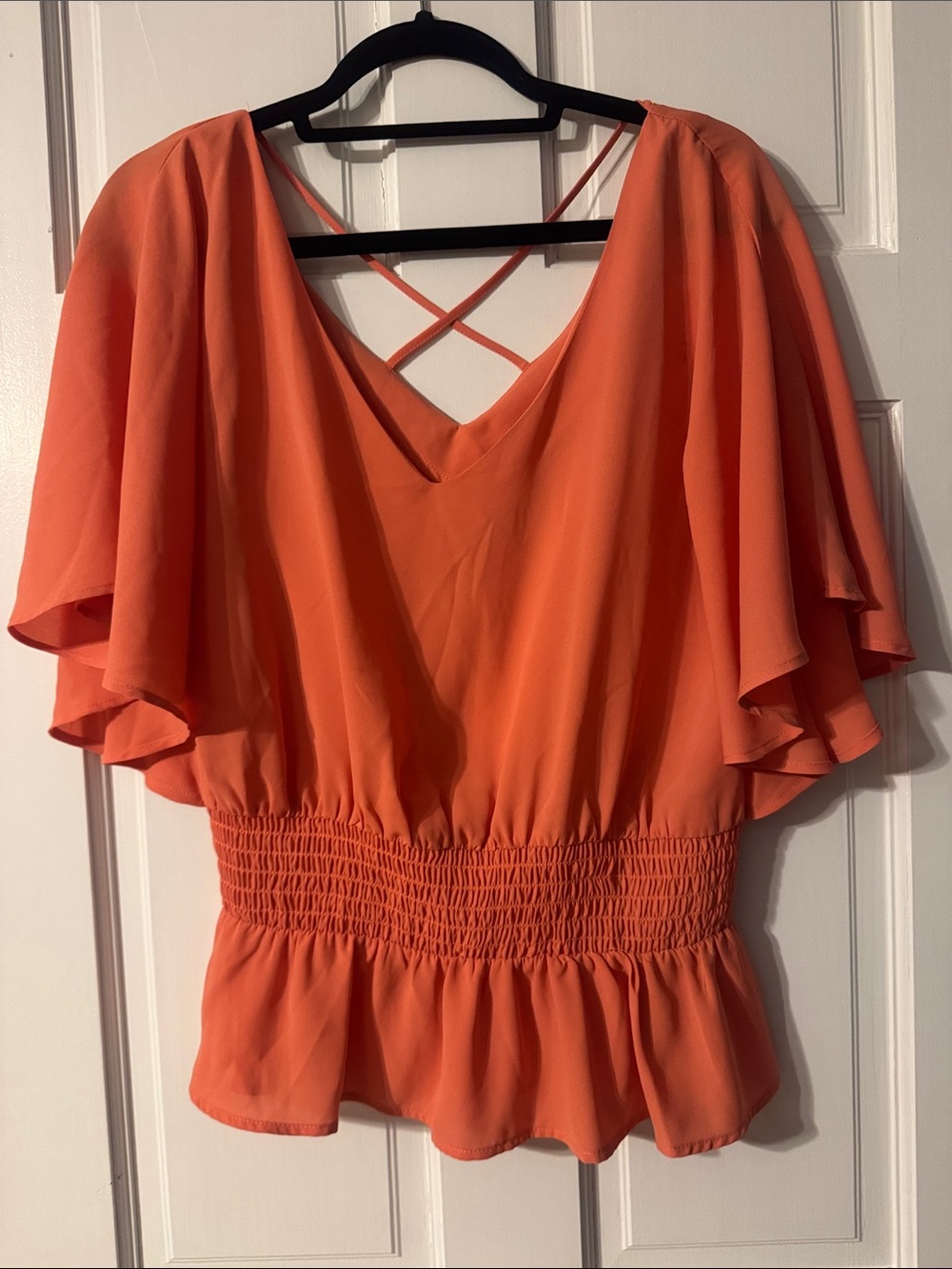 New York & Co Women's Orange Flutter Sleeve Smocked Waist Top Size Medium